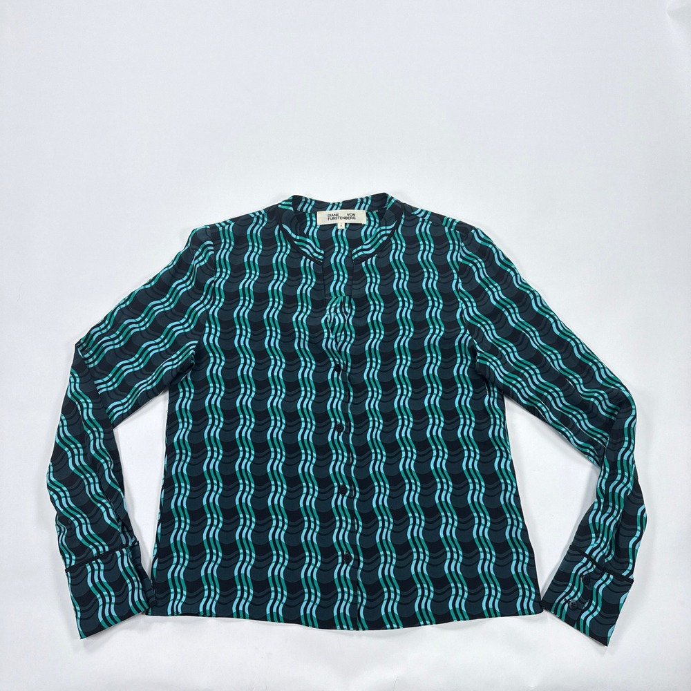 Diane von Furstenberg Blouse Womens 4 Teal Silk Geometric Print Professional Top